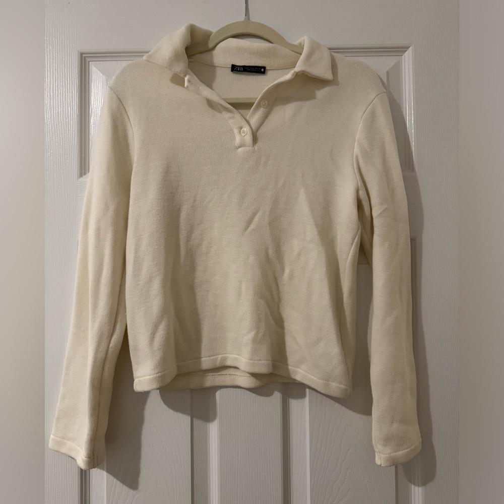 Zara Off White Collared Long Sleeve Shirt - Size Small